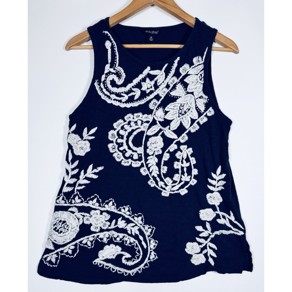 Lucky Brand Tank Top Medium Blue White Embroidered Floral Paisley Slub Boho